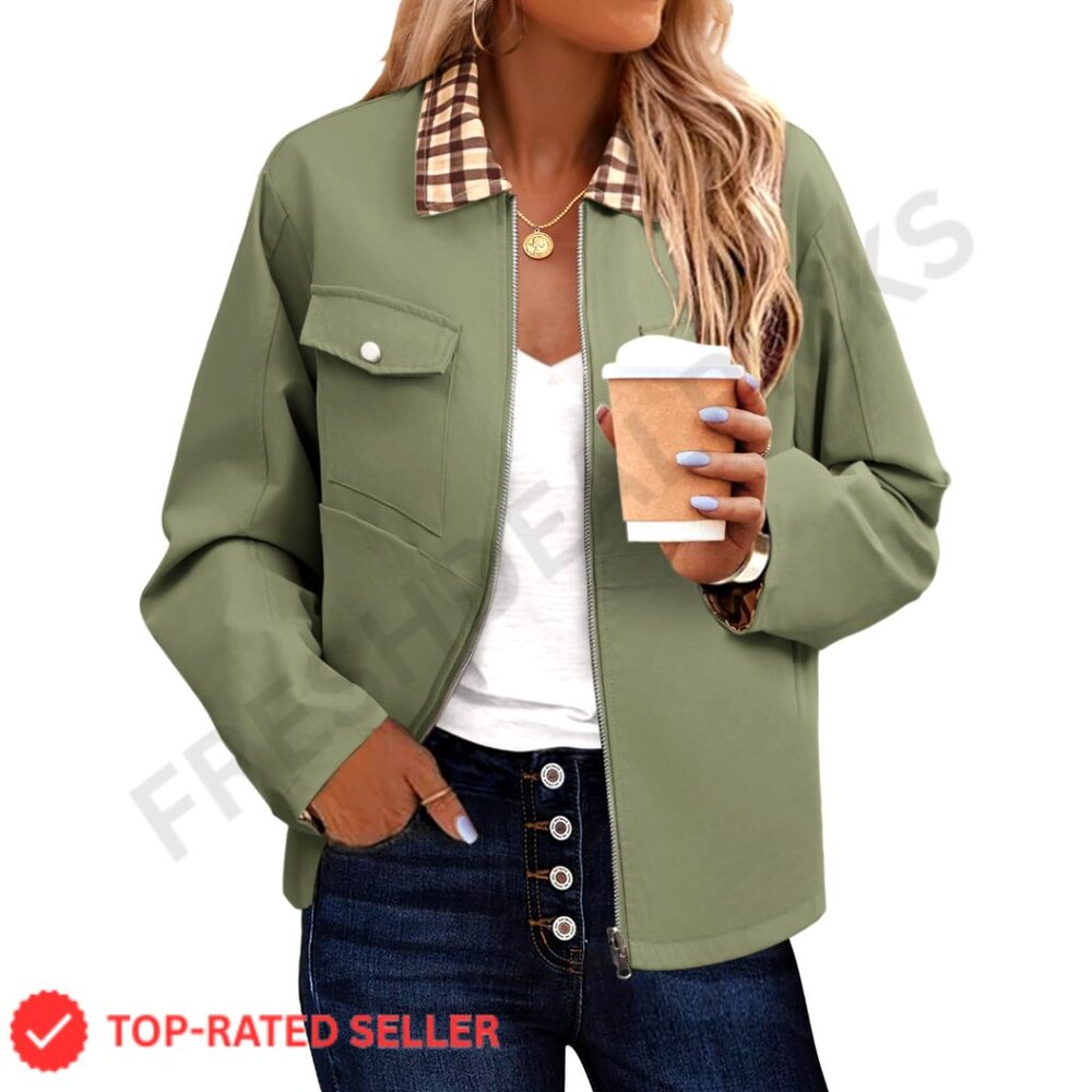 Plaid Lined Barn Jacket Zip Up Casual Long Sleeve Lightweight Polyester Y2K